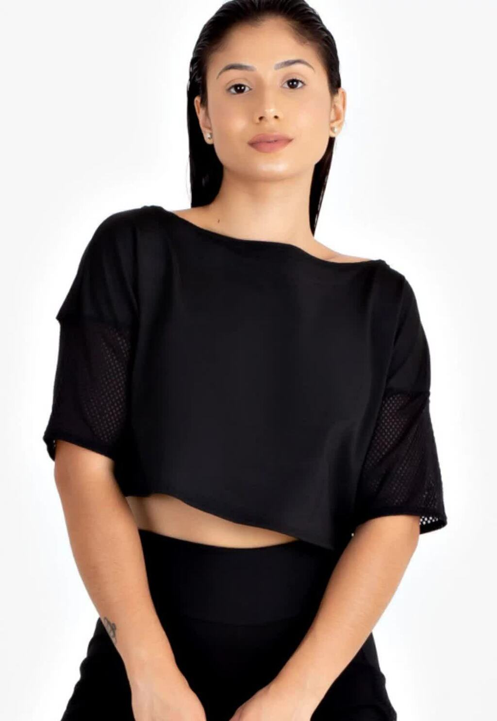 Cropped Fitness Preto com Detalhe Tela - www.athenafitwear.com.br
