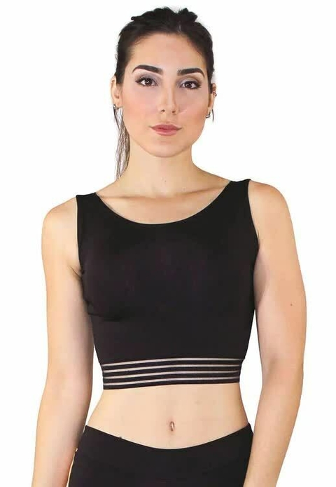 Cropped Fitness Preto Detalhe Elástico Preto Top www.athenafitwear.com.br