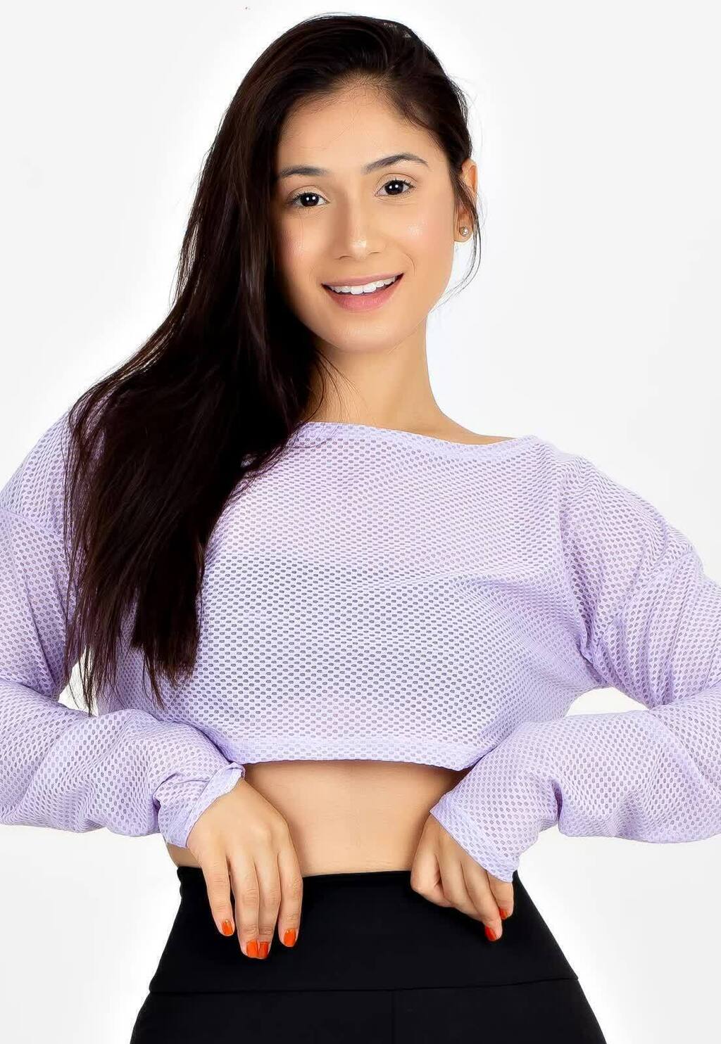 Cropped De Tela Manga Longa Lilás Metamorfose www.athenafitwear.com.br
