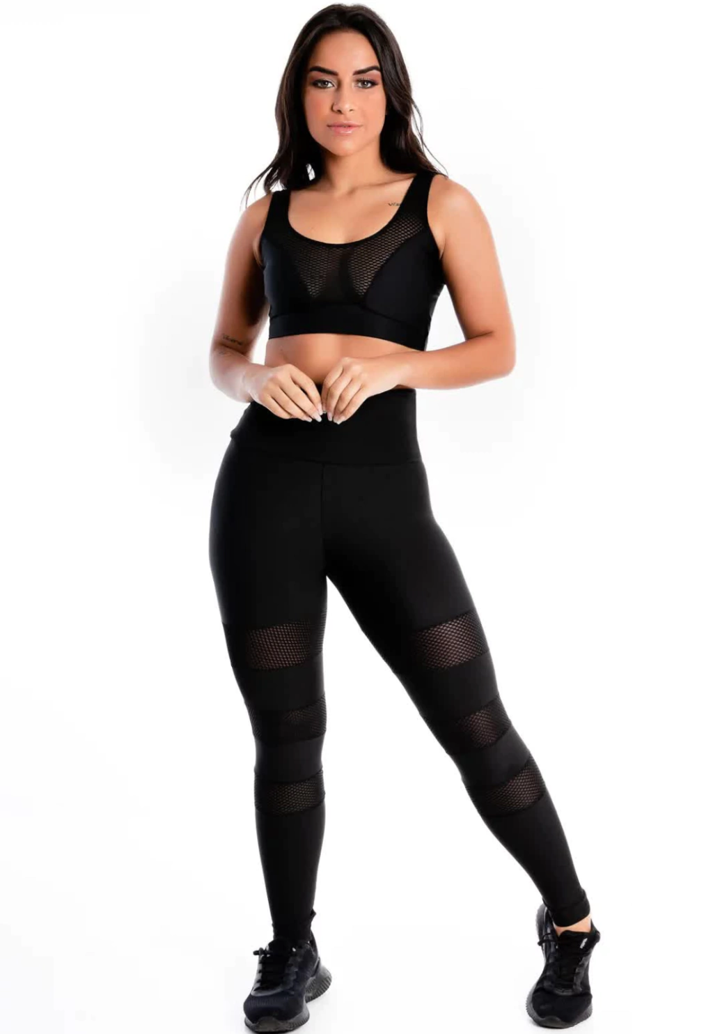 Cropped Detalhe Busto Calça Legging Tela Preta Conjunto www.athenafitwear.com.br