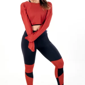 Conjunto Calça Legging + Cropped de Telinha Manga Longa com Detalhes em Terra Cota Conjunto Fitness www.athenafitwear.com.br