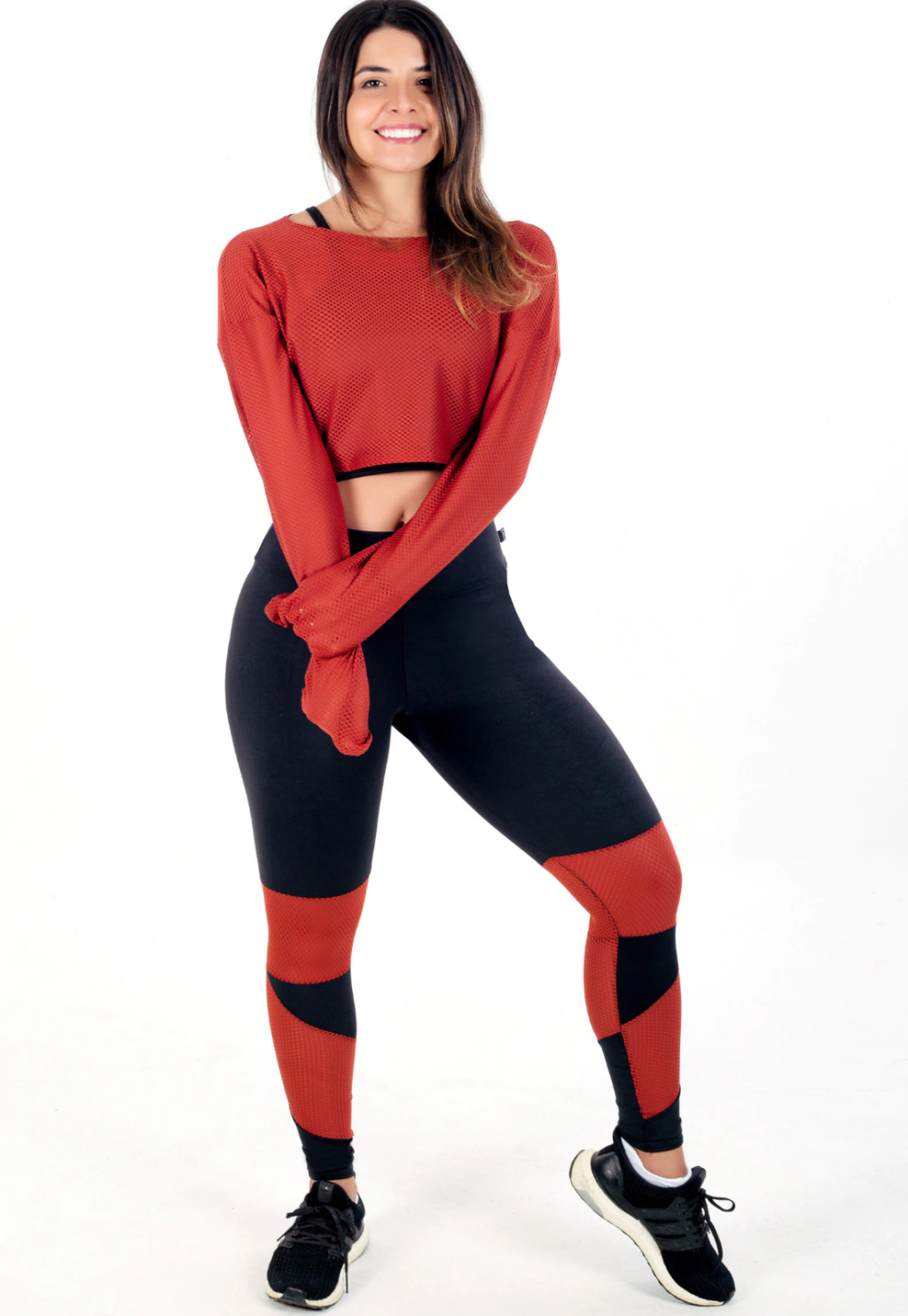 Conjunto Calça Legging + Cropped de Telinha Manga Longa com Detalhes em Terra Cota Conjunto Fitness www.athenafitwear.com.br