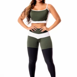 Feminino Calça Legging Levanta Bumbum Preta com Verde Militar e Branco Cintura Alta e Cropped Alcinha Academia Conjunto Fitness www.athenafitwear.com.br