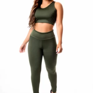 Calça Legging Verde Militar Cintura Alta e Cropped Regata Academia Conjunto Fitness Feminino www.athenafitwear.com.br