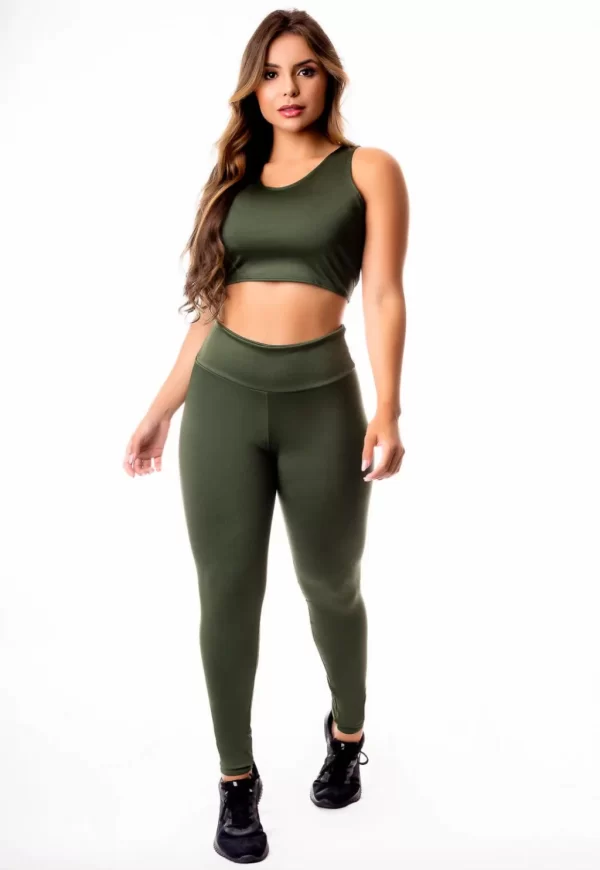Calça Legging Verde Militar Cintura Alta e Cropped Regata Academia Conjunto Fitness Feminino www.athenafitwear.com.br