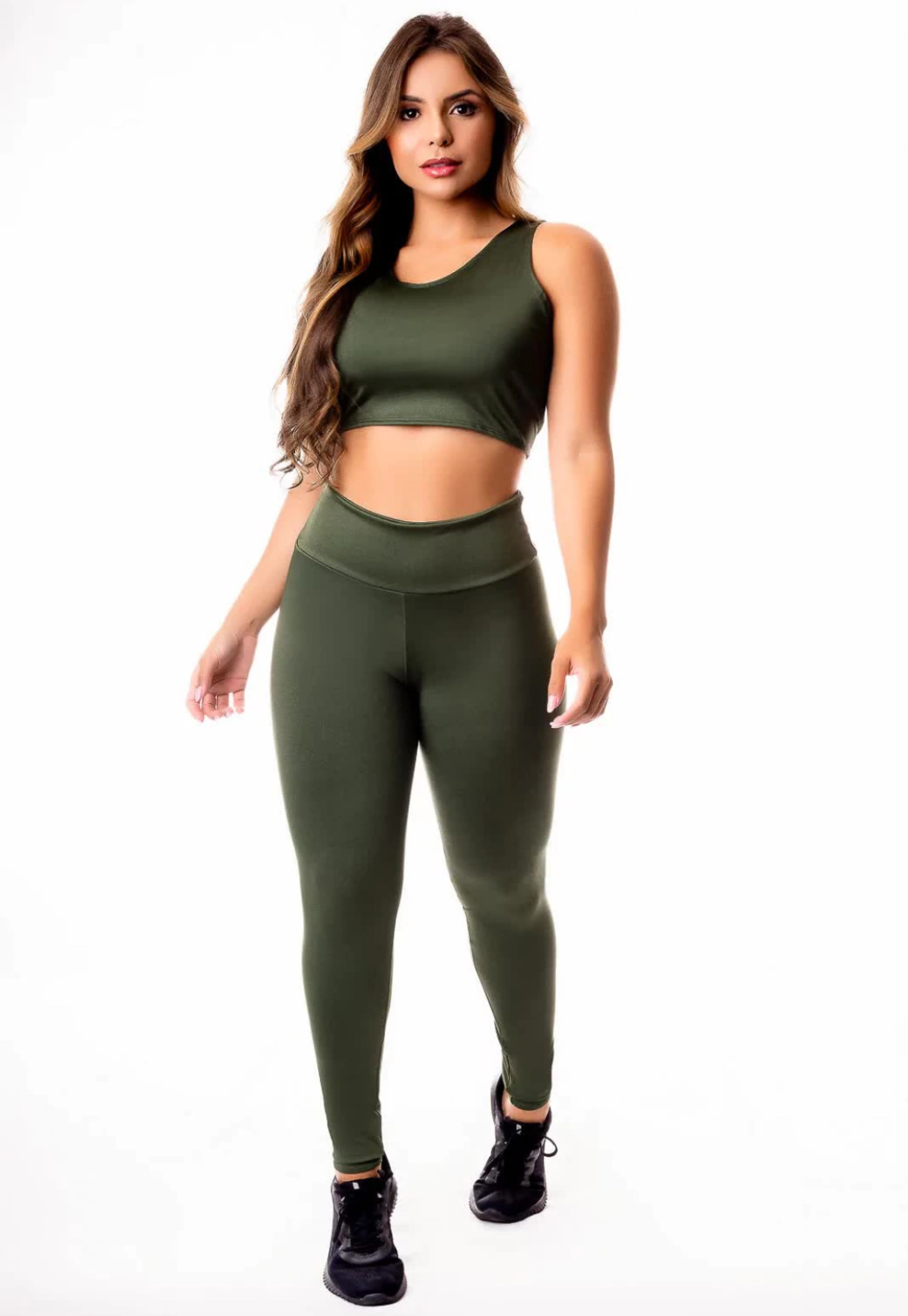 Calça Legging Verde Militar Cintura Alta e Cropped Regata Academia Conjunto Fitness Feminino www.athenafitwear.com.br