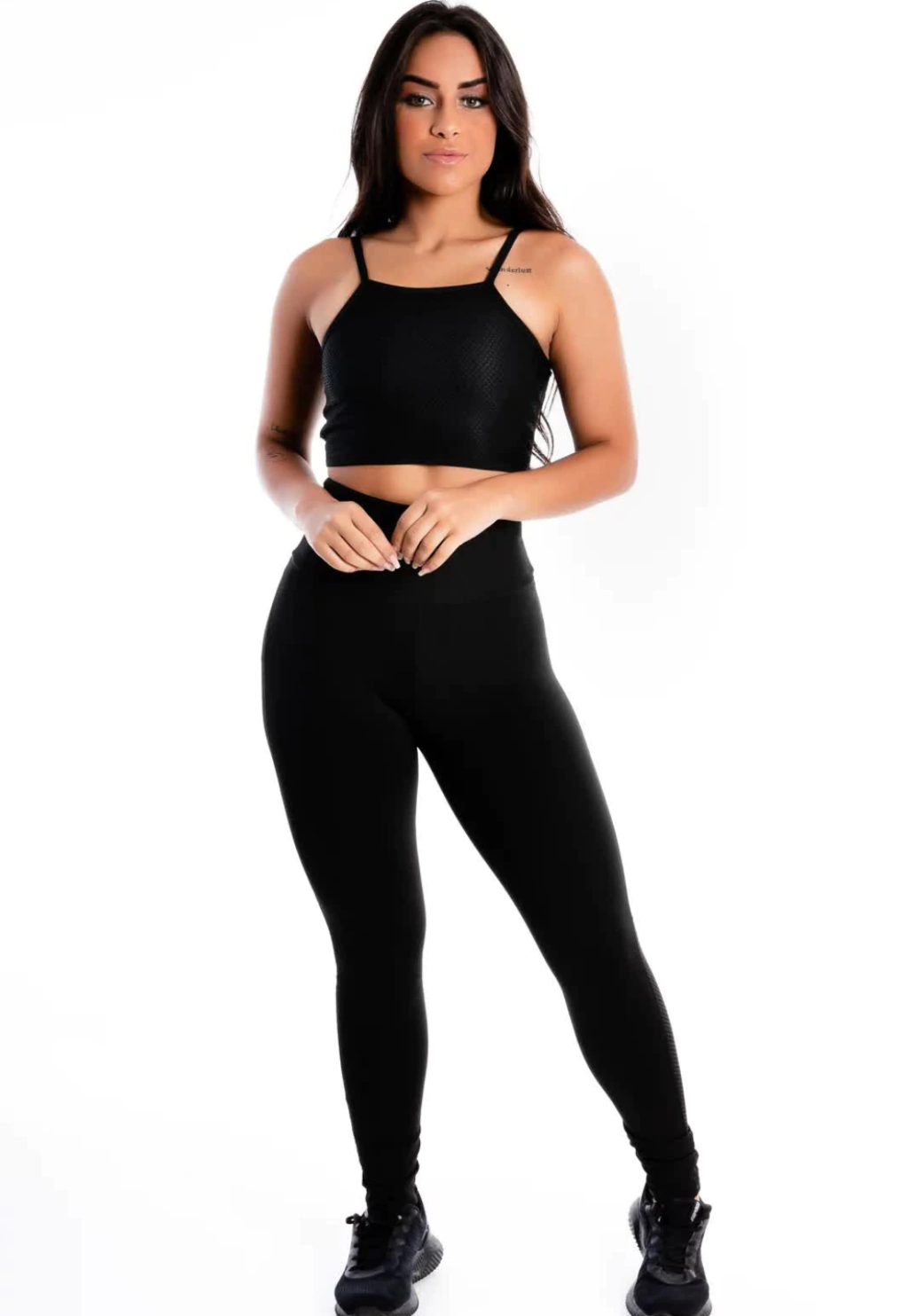 Cropped e Calça Legging Detalhe Tela Preto Conjunto www.athenafitwear.com.br