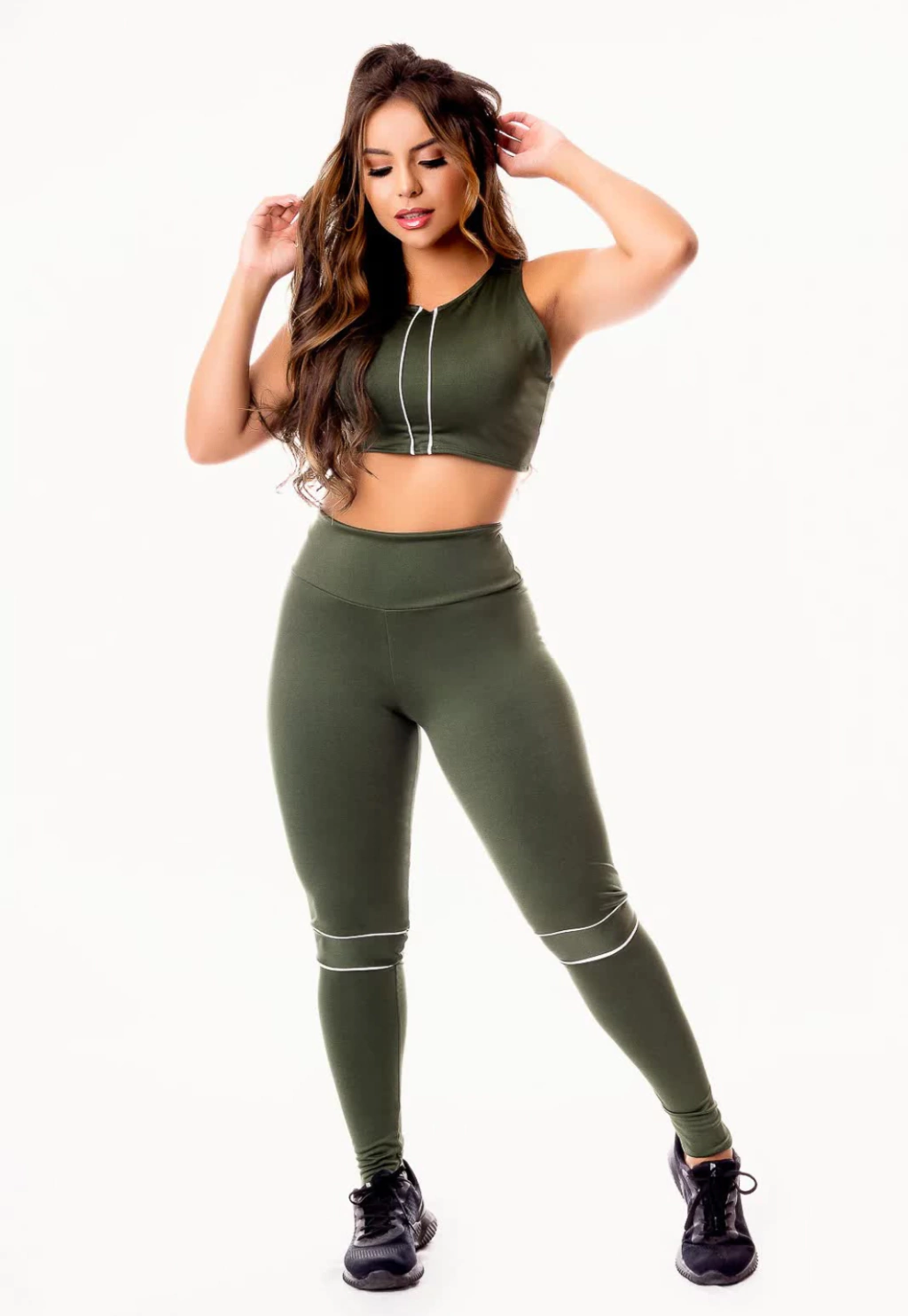 Feminino Calça Legging Cintura Alta e Cropped Regata com Detalhes em Vivo Branco Academia Conjunto Fitness www.athenafitwear.com.br