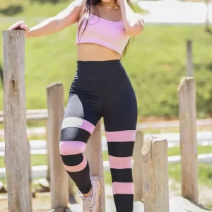 Calça Legging 3 Listras Cropped Alcinha Rose Conjunto www.athenafitwear.com.br