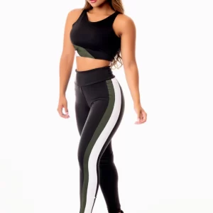 Feminino Calça Legging Preta com Faixas Verde Militar e Branco Cintura Alta e Cropped Regata Academia Conjunto Fitness www.athenafitwear.com.br