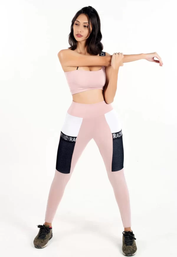 Calça Legging com Bolso de Tela + Cropped Rose com Elásticos Conjunto Fitness www.athenafitwear.com.br