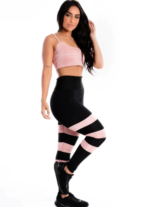 Calça Legging 3 Listras Cropped Alcinha Rose Conjunto www.athenafitwear.com.br