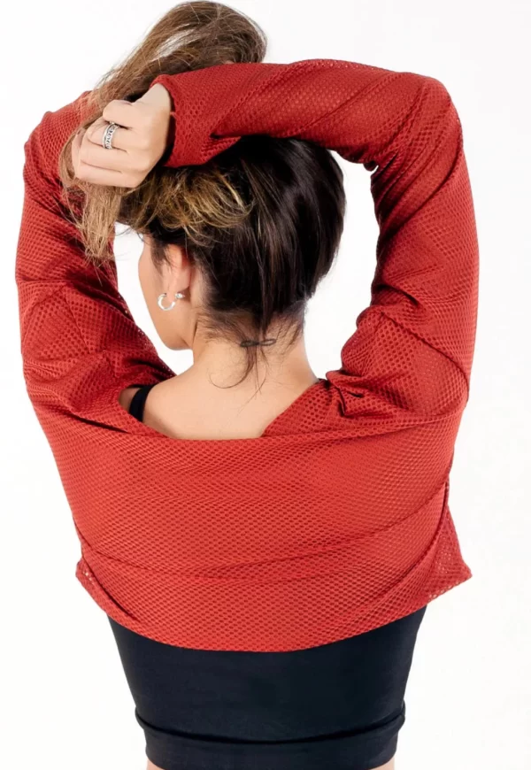 Top Cropped Fitness Manga Longa de Tela Dry Fit Terra Cota www.athenafitwear.com.br