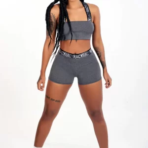 Short Cintura Alta + Cropped Cinza Mescla com Elástico Conjunto Fitness www.athenafitwear.com.br