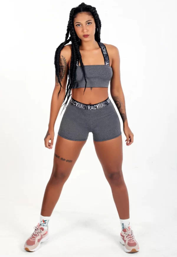 Short Cintura Alta + Cropped Cinza Mescla com Elástico Conjunto Fitness www.athenafitwear.com.br