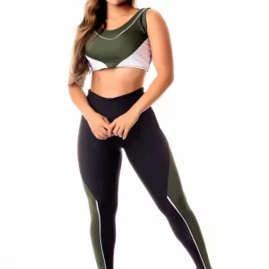 Conjunto Fitness Feminino Calça Legging Preta com Verde Militar e Vivo Branco Cintura Alta e Cropped Regata Academia www.athenafitwear.com.br