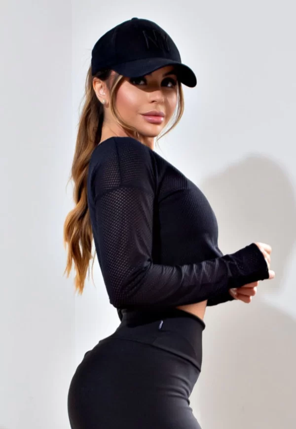 Top Cropped Manga Longa de Tela Dry Fit Preto Fitness www.athenafitwear.com.br