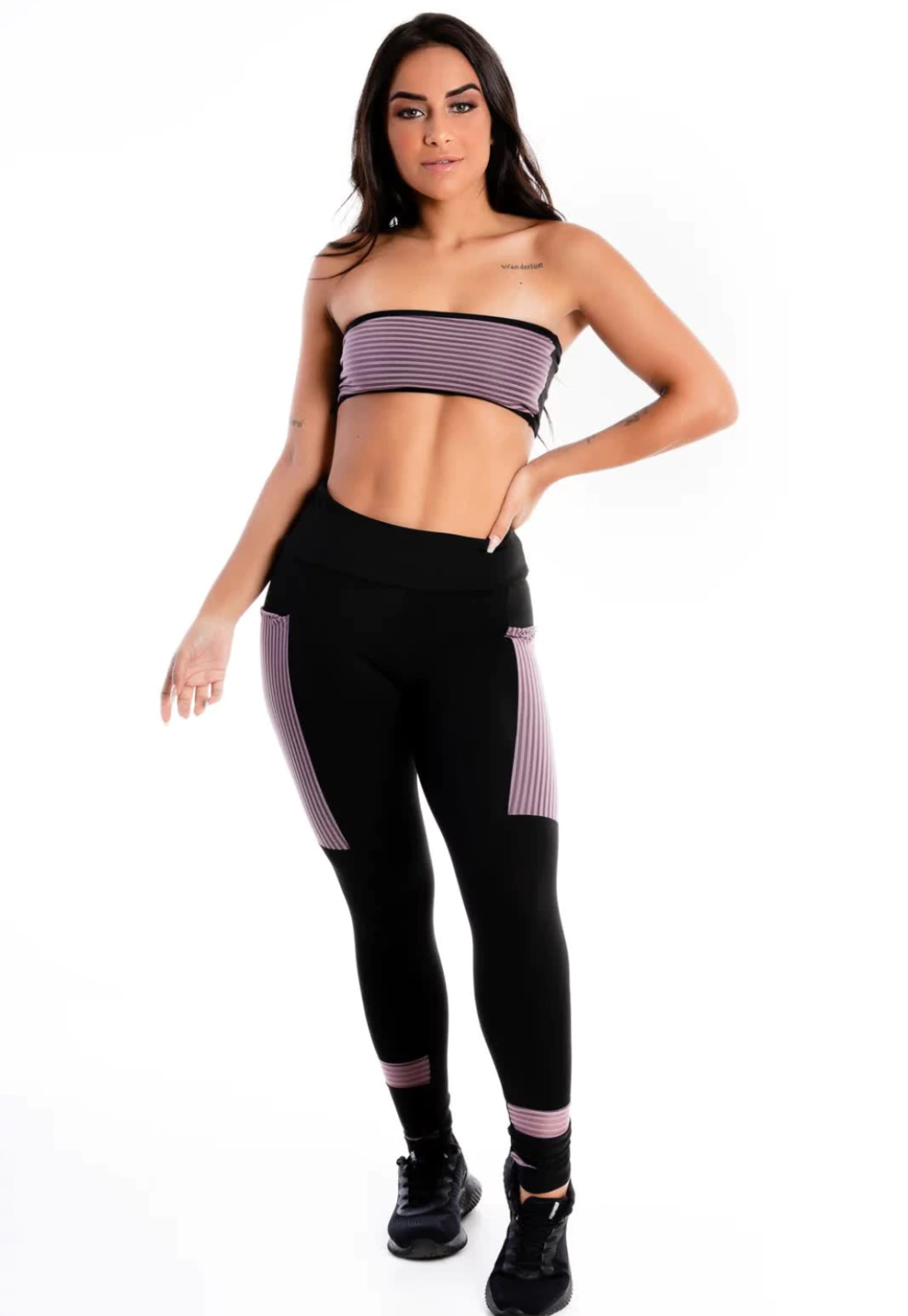 Conjunto Calça Legging Preta com Violeta e Bolso Conjunto Cropped www.athenafitwear.com.br