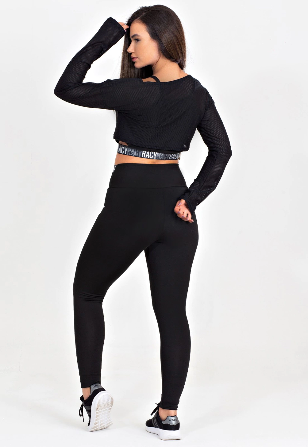 Conjunto 3 Peças Calça Legging + Top + Cropped de Telinha Preto com Elásticos Conjunto Fitness www.athenafitwear.com.br