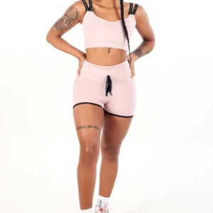 Short Cintura Alta com Cardaço Fake + Cropped Rose Alça Dupla Conjunto www.athenafitwear.com.br