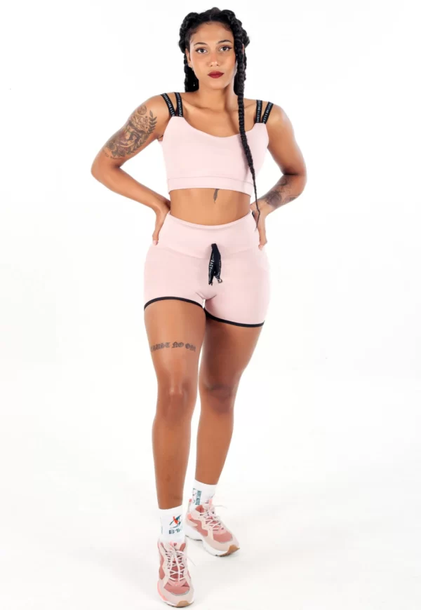 Short Cintura Alta com Cardaço Fake + Cropped Rose Alça Dupla Conjunto www.athenafitwear.com.br