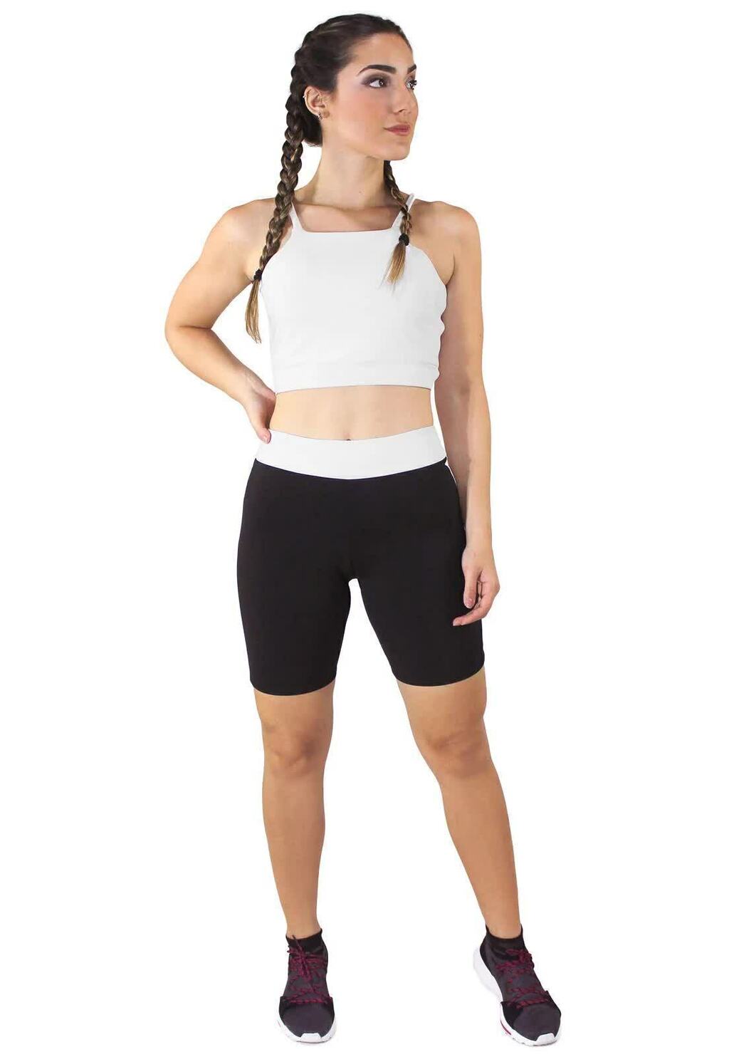 Cropped Alcinha Branco + Shorts Preto Com Branco Conjunto Fitness www.athenafitwear.com.br