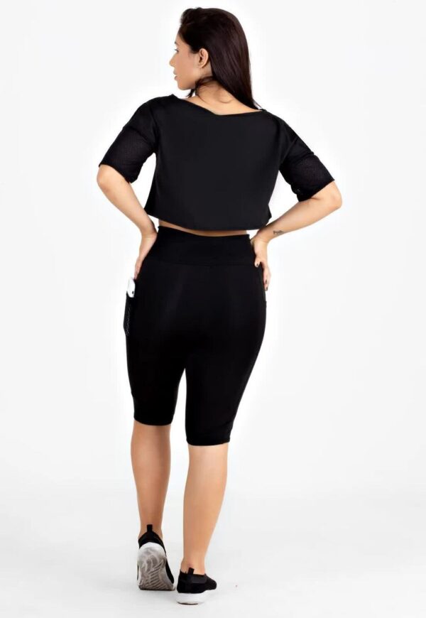 Bermuda com Bolso e Cropped Manga de Tela Conjunto Fitness www.athenafitwear.com.br