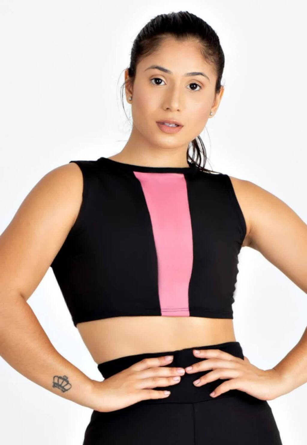 Fitness Longo Preto com Rosê Cropped www.athenafitwear.com.br