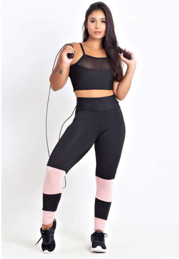 Feminino Cropped Transparencia Calça Preto com Rosê Conjunto Fitness www.athenafitwear.com.br