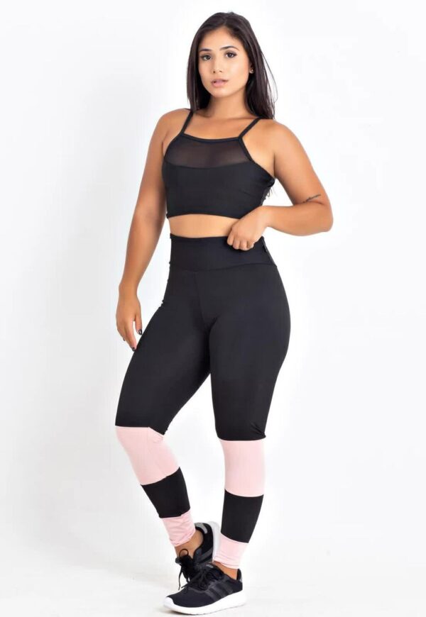 Feminino Cropped Transparencia Calça Preto com Rosê Conjunto Fitness www.athenafitwear.com.br