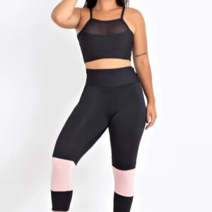 Feminino Cropped Transparencia Calça Preto com Rosê Conjunto Fitness www.athenafitwear.com.br