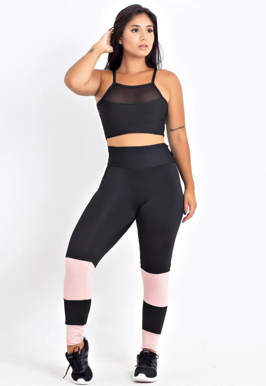Feminino Cropped Transparencia Calça Preto com Rosê Conjunto Fitness www.athenafitwear.com.br