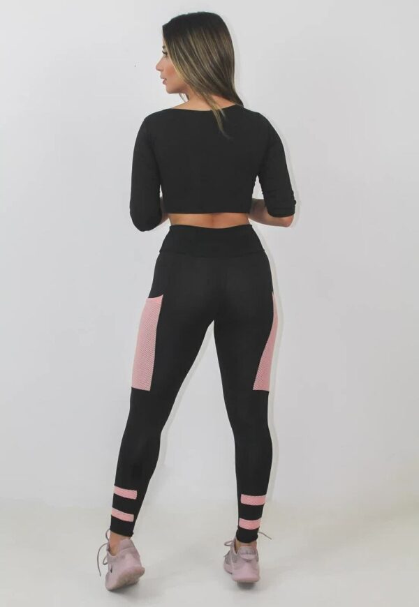 Cropped e Calça Legging Preto Detalhe Rosê Conjunto Fitness www.athenafitwear.com.br
