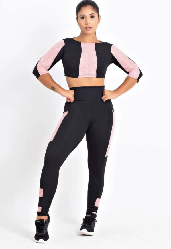 Cropped e Calça Legging Preto Detalhe Rosê Conjunto Fitness www.athenafitwear.com.br