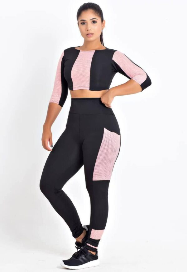 Cropped e Calça Legging Preto Detalhe Rosê Conjunto Fitness www.athenafitwear.com.br