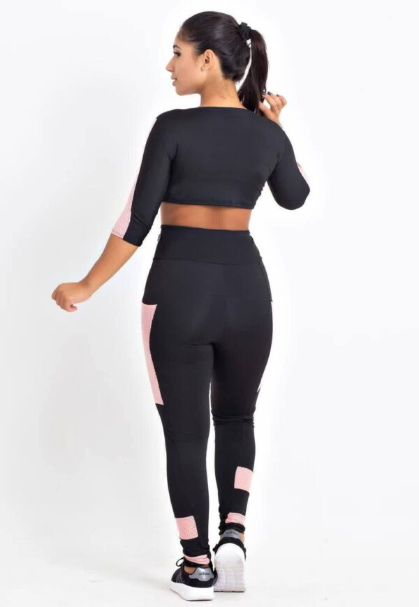 Cropped e Calça Legging Preto Detalhe Rosê Conjunto Fitness www.athenafitwear.com.br