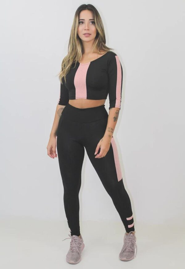 Cropped e Calça Legging Preto Detalhe Rosê Conjunto Fitness www.athenafitwear.com.br