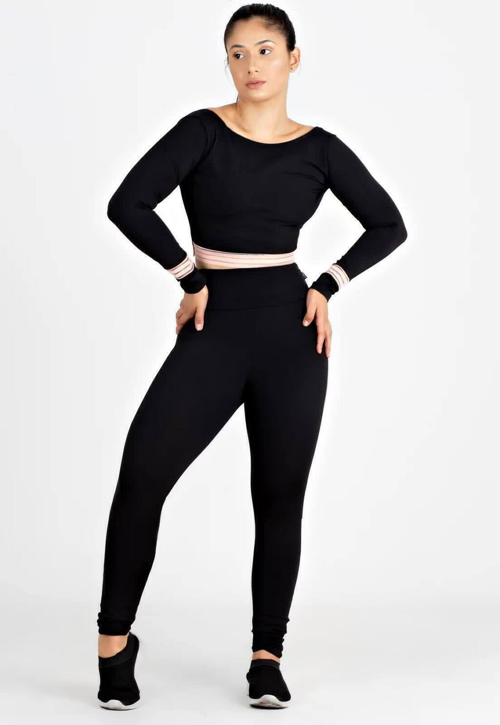 Calça Preto Detalhe Rosê Conjunto Fitness www.athenafitwear.com.br