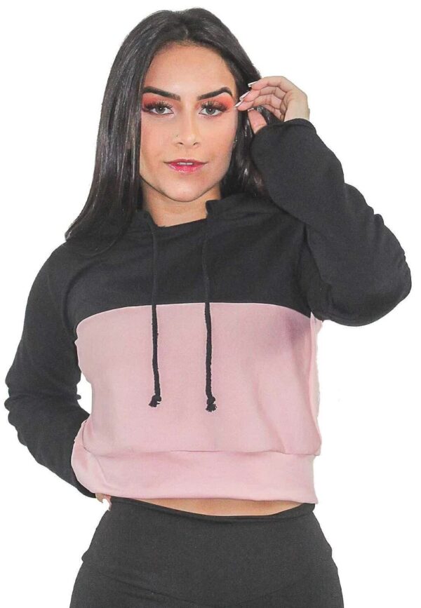 Casaco Suplex Rosê e Preto Feminino Moletom Com Capuz www.athenafitwear.com.br