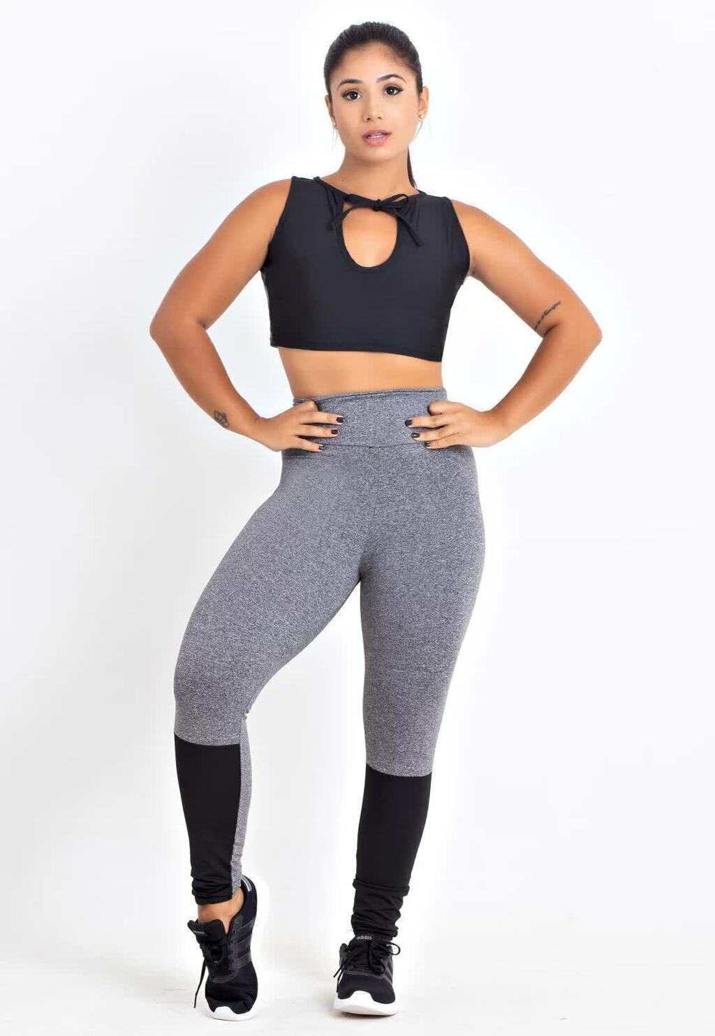 Cropped Mescla e Calça Legging Mescla Detalhe Preto Conjunto Fitness www.athenafitwear.com.br