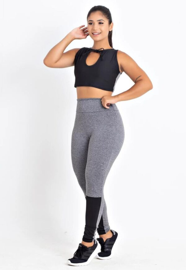 Cropped Mescla e Calça Legging Mescla Detalhe Preto Conjunto Fitness www.athenafitwear.com.br