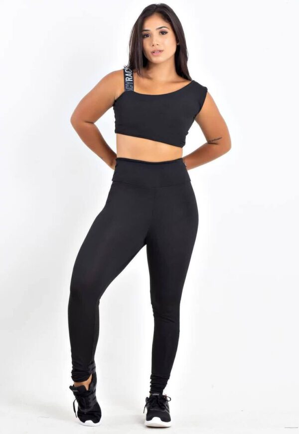 Calça Legging Preto Listra Branca Cropped Preto e Branco Conjunto www.athenafitwear.com.br