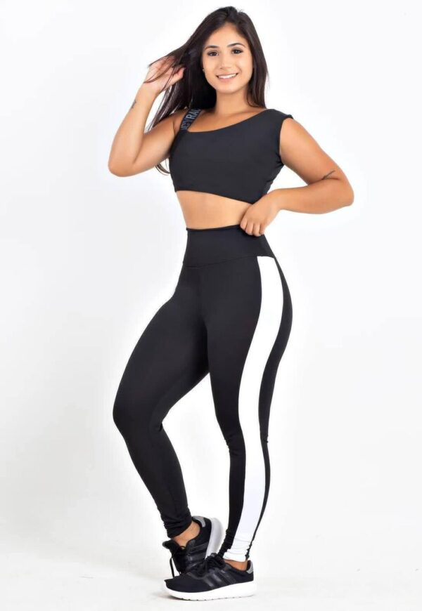 Calça Legging Preto Listra Branca Cropped Preto e Branco Conjunto www.athenafitwear.com.br