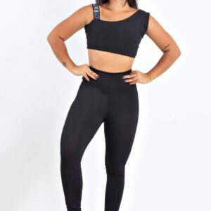 Calça Legging Preto Listra Branca Cropped Preto e Branco Conjunto www.athenafitwear.com.br