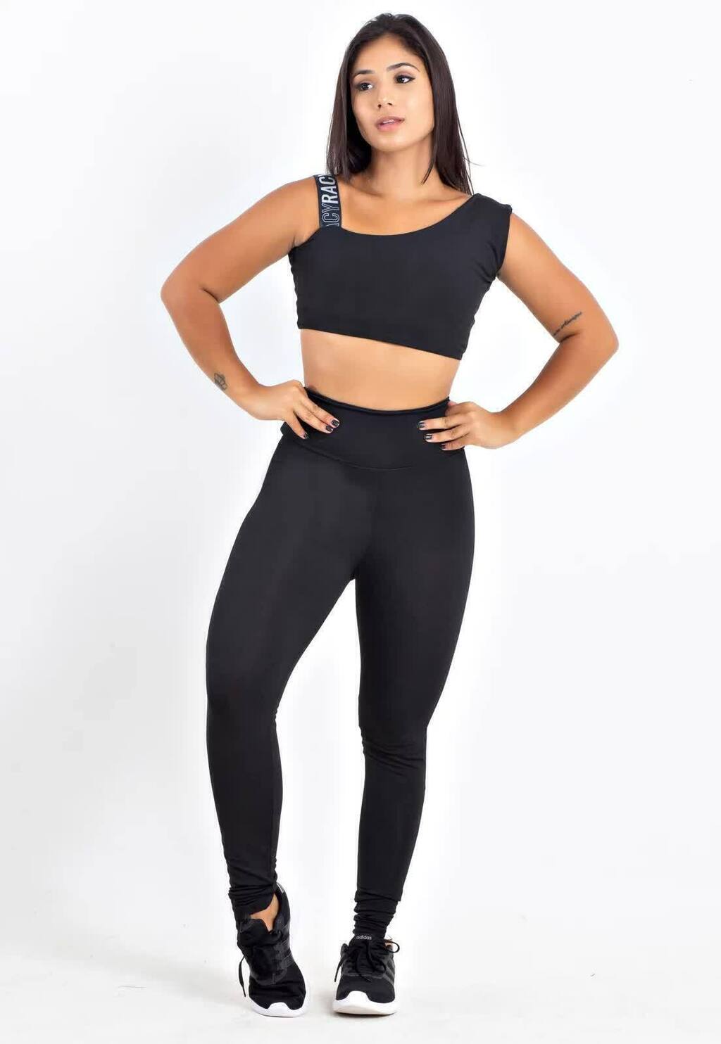 Calça Legging Preto Listra Branca Cropped Preto e Branco Conjunto www.athenafitwear.com.br