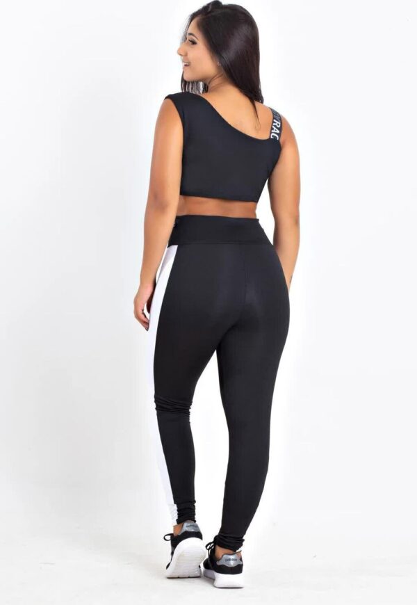 Calça Legging Preto Listra Branca Cropped Preto e Branco Conjunto www.athenafitwear.com.br