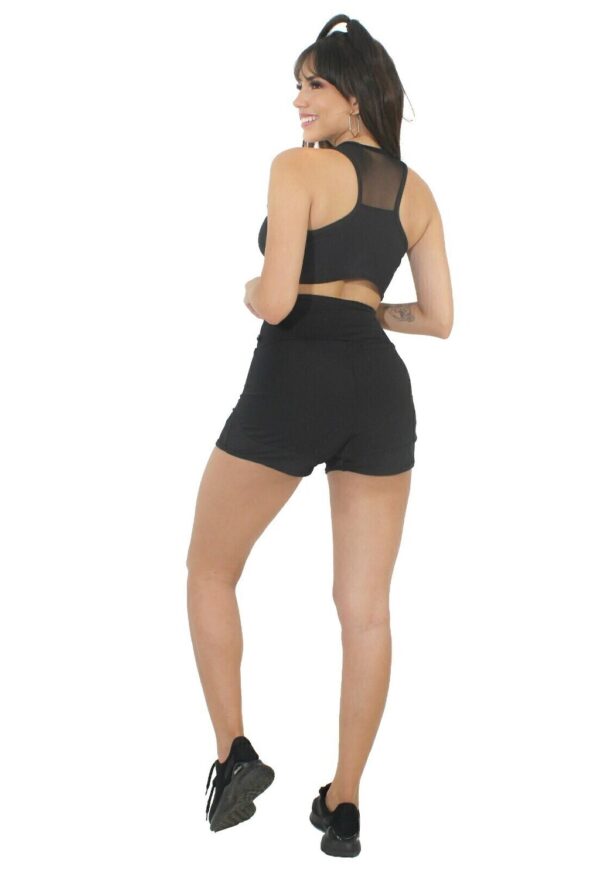 Fitness Short Com Tela e Cropped Preto Conjunto www.athenafitwear.com.br