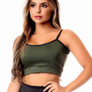 Top Fitness Academia Verde Militar com Viés Preto Cropped www.athenafitwear.com.br