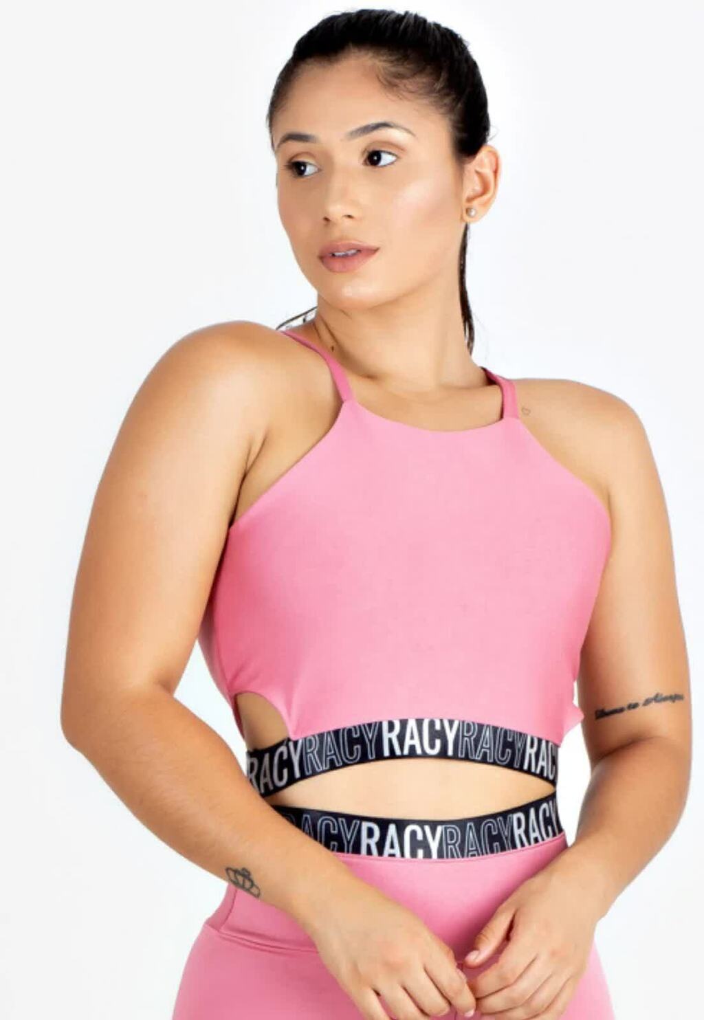 Top Cropped Detalhe Lateral e Elástico na Barra Rose Fitness www.athenafitwear.com.br
