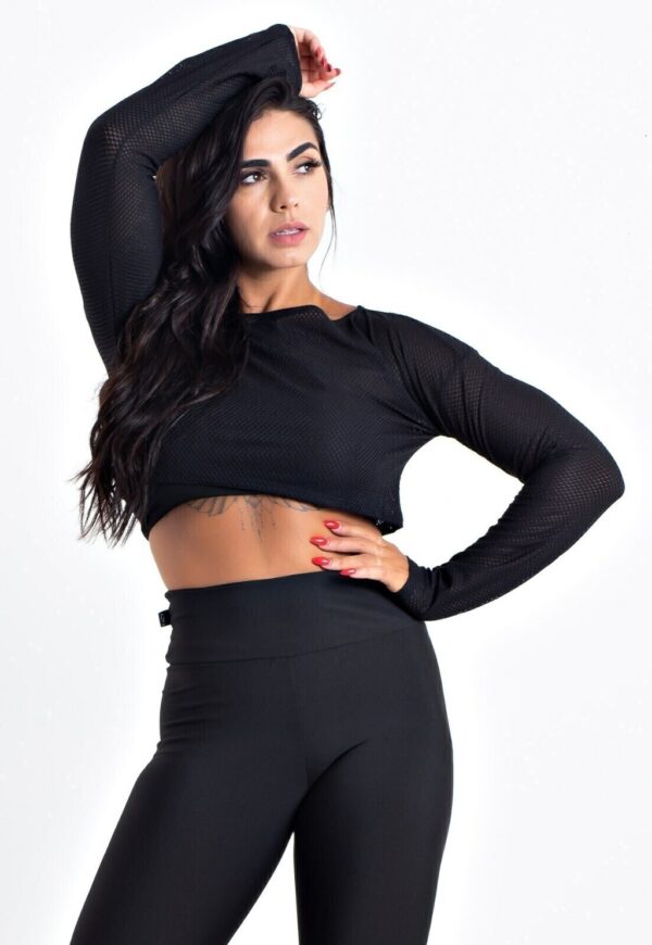 Top Cropped Manga Longa de Tela Dry Fit Preto Fitness www.athenafitwear.com.br